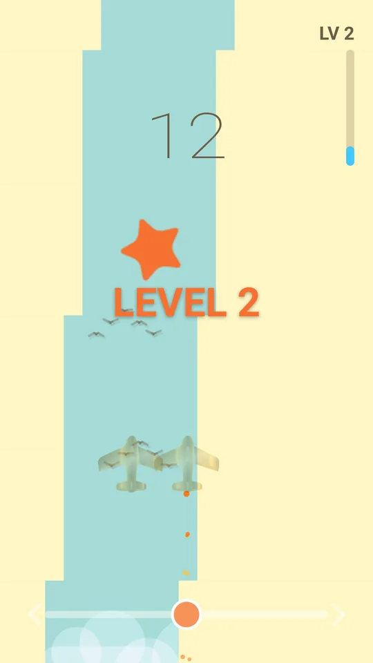 A run in Sleek Wings: a plane steering through the gaps in cream walls, with a star to catch and LEVEL 2 announced