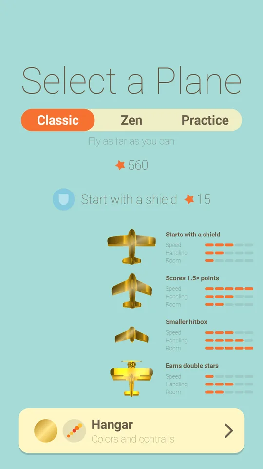 The plane menu with four planes and their speed, handling and room