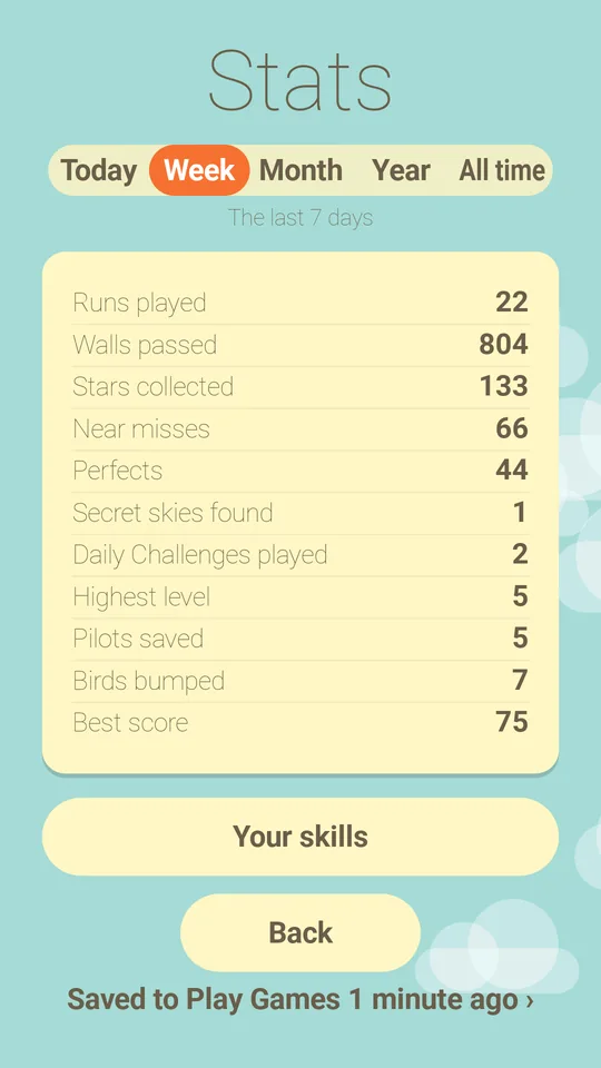 The Stats screen on the Week tab: runs, walls, stars, near misses and more for the last 7 days